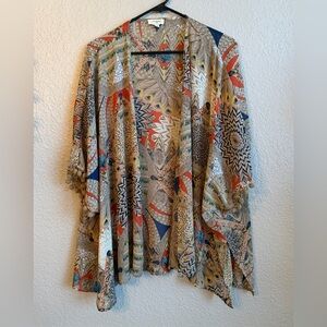 Umgee Boho Kimono Cardigan S/M Abstract Print Pom Pom Open Front Top Multicolor